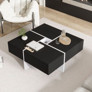 Table basse 70x70x35cm, carrée - moderne, compartiment de rangement central 10x10cm, noir