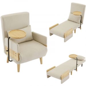 Fauteuil convertible 3 en 1 avec fonction sommeil,avec plateau en bois, fauteuil pliant rembourr&eacute;, si&egrave;ge rembourr&eacute;, fauteuil lounge, lit simple,