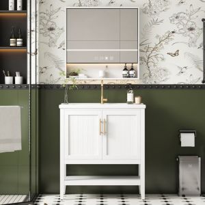 Modfu - Meuble de salle de bain simple vasque 80 cm avec meuble sous-vasque et lavabo en céramique – blanc