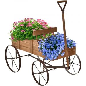 Brouette D&eacute;corative en Bois avec 4 Roues en M&eacute;tal, Chariot &agrave; Fleurs avec Capacit&eacute; de Charge Jusqu'&agrave; 15 kg, Bac &agrave; Fleurs pour Jardin Balcon Terrasse,
