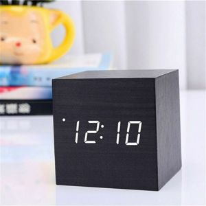 Noir,6x6x6cm)Réveil numérique led, horloge cube en bois, horloge de bureau en bois, réveil en bois, horloge numérique cube à commande vocale pour