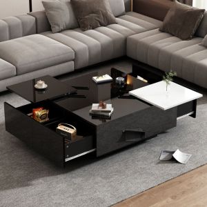 Redom - Table basse carrée moderne noire brillante avec étagères 757533,5 cm, petit plateau coulissant blanc contrasté, capacité de charge max.