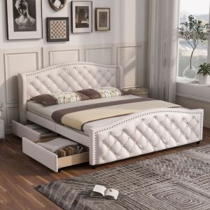 Lit 180 x 200 cm avec sommier, lit 2 personnes avec tiroirs et tête de lit, lit moderne capitonné avec rangement, cadre de lit 180x200 avec sommier,