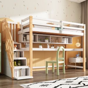 Lit mezzanine 90x200 cm,lit superposé enfant,lit mezzanine 1 place,lit mezzanine avec bureau,barrière de sécurité, escalier de rangement, bois massif