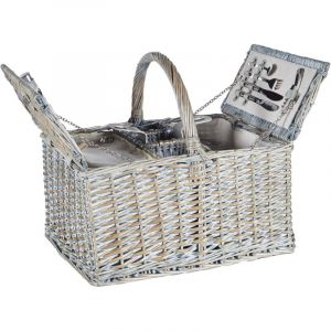 Panier de Pique-Nique en Osier pour 4 Personnes avec Sac Isotherme Verres &agrave; Vin Gris Groseille