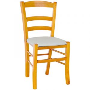 Chaise paysanne en bois de cerisier avec assise rembourrée gris clair