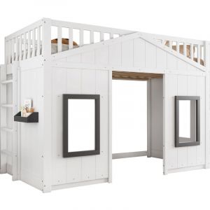 Lit Mezzanine Enfant 90x200 Cm Blanc Avec Fen&ecirc;tres, Escalier Et Espace Modulable