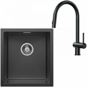 Cecipa - Evier Cuisine Noir 1 Bac 40x44cm+Robinet de Cuisine Extensible, Evier Inox 1 Bac Rectangulaire, Petit &Eacute;vier de Cuisine, Cuve Simple avec