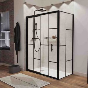 Paroi de douche d'angle effet verri&egrave;re ATELIA avec porte coulissante 140 cm x 80 cm
