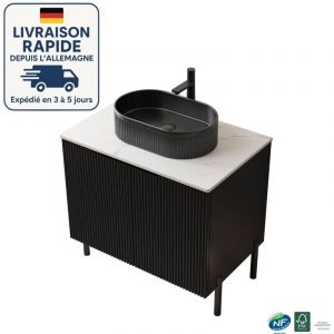 Mmeuble de salle de bain 76 cm -Livr&eacute; avec une vasque ovale en c&eacute;ramique ray&eacute;e noire - Plan de travail en pierre de Carrare fritt&eacute;e blanche