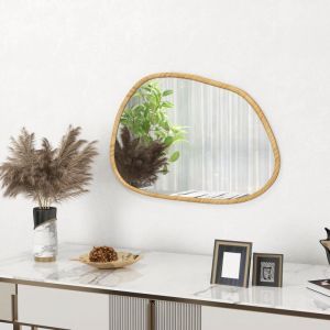 Tanant - Miroir mural asymétrique 70x50cm, miroir de salle de bain cadre en bois, miroir décoratif pour salle de bain, salon, couloir, chambre,