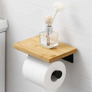 Porte-papier toilette noir autocollant avec &eacute;tag&egrave;re en bambou, fixation murale, sans per&ccedil;age, acier inoxydable SUS304, BPH220BADM-BK
