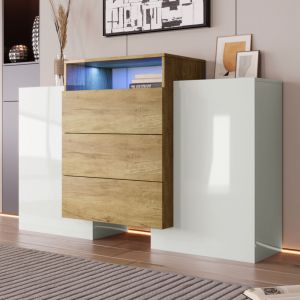 Buffet et Enfilade avec 2 Portes, 3 Tiroirs et LED Multicolore, Blanc Brillant et Bois, en MDF, 140&times;30&times;77,5 cm