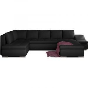 Meubler Design - Canapé panoramique convertible jonaz simili cuir - Rangement integré-Noir-Méridienne a droite