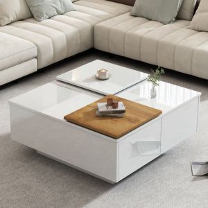 Redom - Table basse carr&eacute;e moderne en bois blanc brillant avec &eacute;tag&egrave;re 757533,5 cm, petit plateau coulissant, capacit&eacute; de charge maximale 30 kg.