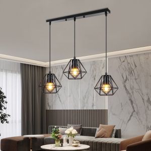 16cm Lustre Suspension Industrielle Cage Diamant E27 Suspension Luminaire Ajustable pour Couloir Entrée Escalier Salon 3 Tête avec Base Rectangulaire