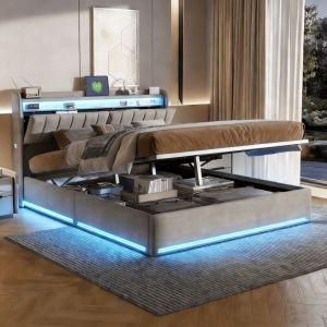 Lit coffre 140x190, lit 140x190 avec sommier &agrave; lattes, lit adulte, lit double, rangement dans la t&ecirc;te de lit, LED r&eacute;glable, ports USB et Type-C,