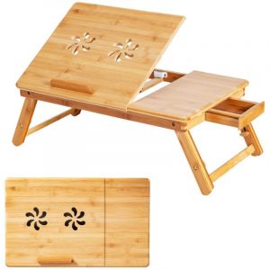 Plateau de lit inclinable r&eacute;glable en bambou plateau et tiroir inclinables &agrave; 4 niveaux support pliable pour ordinateur portable