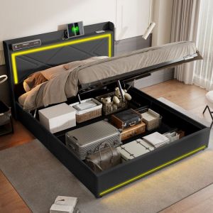 Lit 160x200 avec sommier,lit 160x200,Lit coffre 160x200,Lumières led réglables à la tête et au pied du lit,Deux ports de chargement usb et type