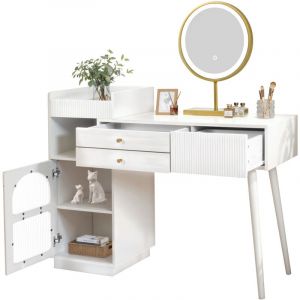 Coiffeuse blanche avec miroir led, 3 tiroirs et armoire latérale, 120x90x40 cm(sans tabouret)
