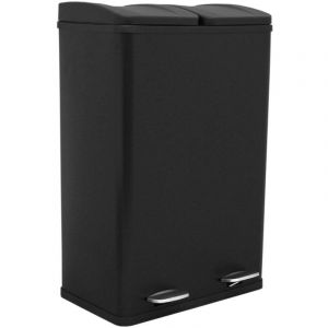 Poubelle à Pédale Recyclage 2 en 1 Noire 60L Métallique Poubelle de Cuisine à Double Compartiment 2 x 30L Poubelle Double Eco Large Robuste
