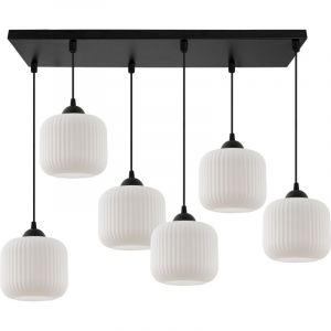Lampe À Suspension Riffle Noire À 6 Plats, Abat-Jour Cylindre Blanc, Douille E27