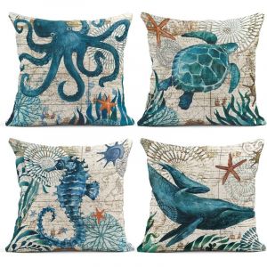 Lot de 4 housses de coussin sur le th&egrave;me de l'oc&eacute;an bleu nautique ctier pieuvre hippocampe tortue baleine style m&eacute;diterran&eacute;en taies d'oreiller