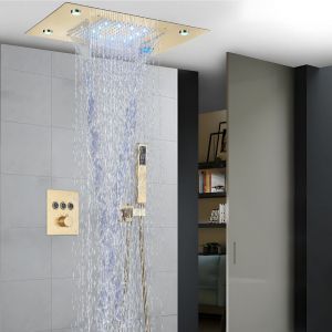 Colonne de douche encastr&eacute;e, 49 x 35cm douche carr&eacute;e, douche compl&egrave;te, colonne douche thermostatique avec douche &agrave; distance (bross&eacute; or)