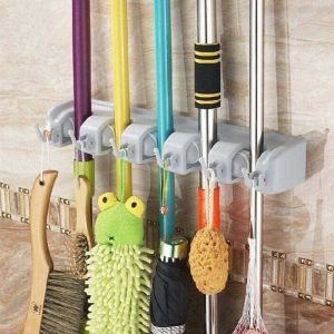 Mop et Balai Holder/Crochet Balai/Support de rangement/Holder Magique, 5 Positions avec 6 Crochets, Compact & Propre Design Mural Organiseur