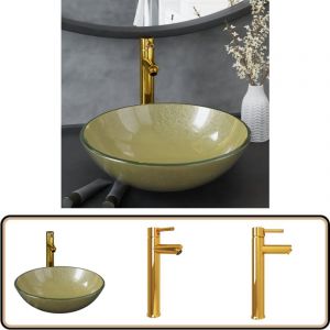 Lavabo de bain avec robinet et drain à poussoir Verre trempé - Lave-mains - Lavabo Design - Lavabo Rond - Lavabo En Verre Trempé - Robinet Mitigeur