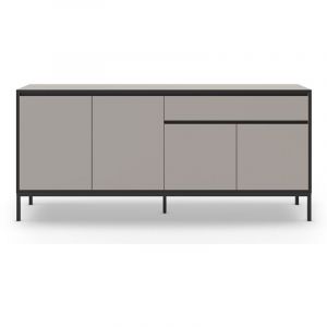 Buffet, meuble de rangement avec 4 portes et 1 tiroir aspect bois coloris cr&egrave;me, pieds en m&eacute;tal noir - Longueur 180 x Profondeur 40 x Hauteur 80 cm