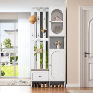 Ensemble de meubles d'entr&eacute;e 200 cm, Vestiaire d'entr&eacute;e avec deux portes, meuble &agrave; chaussures, banc &agrave; coussins, porte-manteau, meuble d'entr&eacute;e blanc,