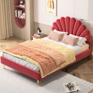 Lit double 140x190 cm - Lit adulte capitonné, tête de lit pétale, velours, sommier à lattes, lit princesse - Rouge haricot