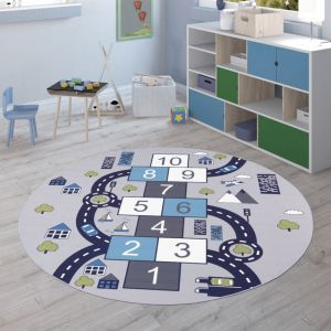 Paco Home Tapis Enfant Tapis Rond Chambre Enfant Tapis De Jeux Tapis Enfant Route Moderne Gris, 160 cm rond