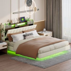 Lit 160 x 200 cm, lit double avec sommier à lattes, chevet avec éclairage led et prises usb, tête de lit avec rangement, design moderne, Beige