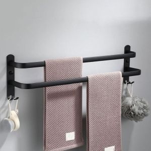 Porte Serviette Salle de Bain Porte-Serviettes Cuisine Multicouche Porte Serviette Murale Noir avec Crochets Barre Serviette en Aluminium - 50 cm,