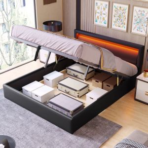 Lit led rembourré, 140x190 cm, lit coffre pour adultes, avec sommier à lattes et tête de lit, simili cuir, Noir (sans matelas)