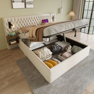 Ensemble lit complet 180x200cm avec rangement hydraulique, lit double ,2 tables de chevet et lampes USB. Velours beige (sans Matelas)