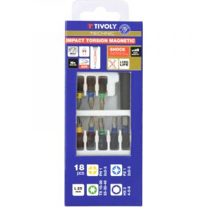 Tivoly &bull; Coffret 18 pcs Lg 25- 17 embouts Torsion Impact ACR & Magnetique + 1 porte embout magn&eacute;tique impact