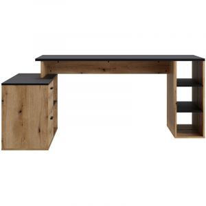Bureau d'angle en m&eacute;lamine coloris imitation ch&ecirc;ne artisan / noir mat - Longueur 183 x profondeur 141 x Hauteur 75 cm