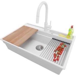 Primagran - Evier Cuisine en Granit 78x53cm, Lavabo 1 bac + Robinet 40x20cm + Kit de Vidage + Accessoires, &Eacute;vier &agrave; Encastrer au meuble 80cm - Oslo
