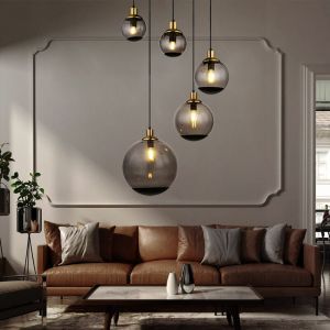 Suspension salon 5 flammes lampe salle &agrave; manger Suspension industrielle noire, boules de verre laiton fum&eacute;, 5x douilles E27, DxH 65x150 cm