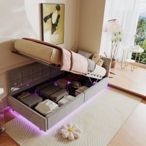 Lit simple 90x200 avec sommier &agrave; lattes, rangement hydraulique, &eacute;clairage LED, t&ecirc;te de lit en L, capitonn&eacute; velours, convient aux enfants,