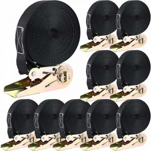 10 pcs 800 kg Sangle &agrave; Cliquet, Sangle d'Arrimage avec Tendeur, Sangle de Serrage en Polyester, 6m x 25mm, pour Moto, Cargaison, Remorque, Camions,