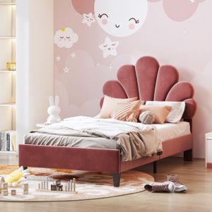 Lit simple 90x200 cm, tissu velours, avec Tête de lit forme de fleur, sommier à lattes, lit enfant capitonné, style Scandinave - Rouge