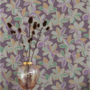 As Creation - Papier peint nature sur fond mauve Tapisserie florale orange, mauve et verte Papier peint style botanique id&eacute;al pour salon