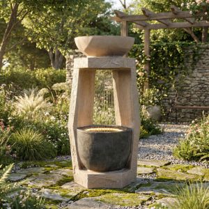 Fontaine de Jardin avec &Eacute;clairage LED &ndash; Rev&ecirc;tement Pierre Artificielle, Pompe &agrave; Eau, Jeu d&rsquo;Eau pour Ext&eacute;rieur et Int&eacute;rieur &ndash; Beige