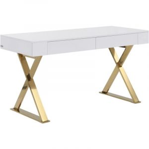 Bureau avec 2 tiroirs - MDF laqué et métal - Blanc et doré - PLEISA II de Pascal Morabito