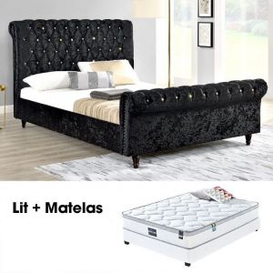 Lit + Matelas 160 Kapaldi Noir, Tissu, Style Baroque, 242 x 172 x 126.5 cm - Meubler Design