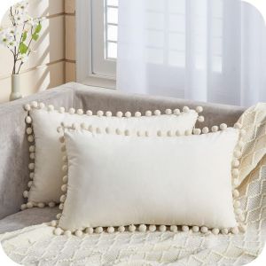 Housses De Coussin, Housses De Coussin D'extérieur Boho Rectangulaires, Housse De Coussin En Velours Crème à Pompons Doux 30 x 50 Cm Avec Fermeture